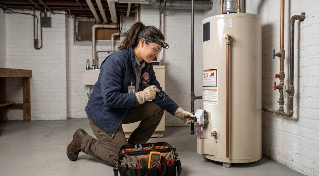 Water heater repair and testing in Financial District Manhattan residential mechanical room